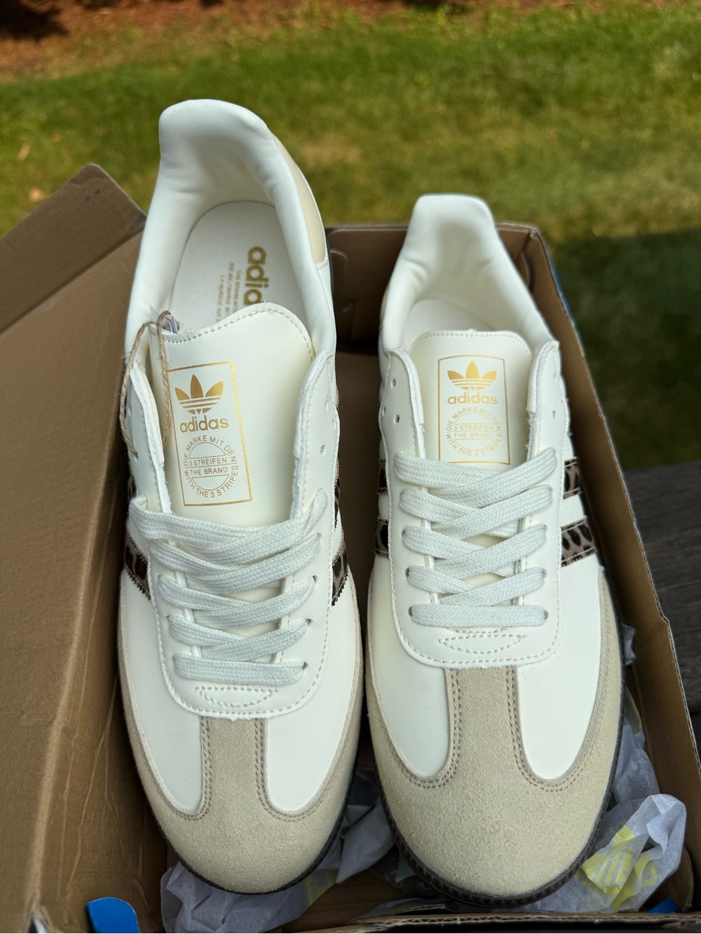 UNISEX adidas Cream and Brown Samba Sneakers with Leopard-Print Stripes - Picture 7 of 8